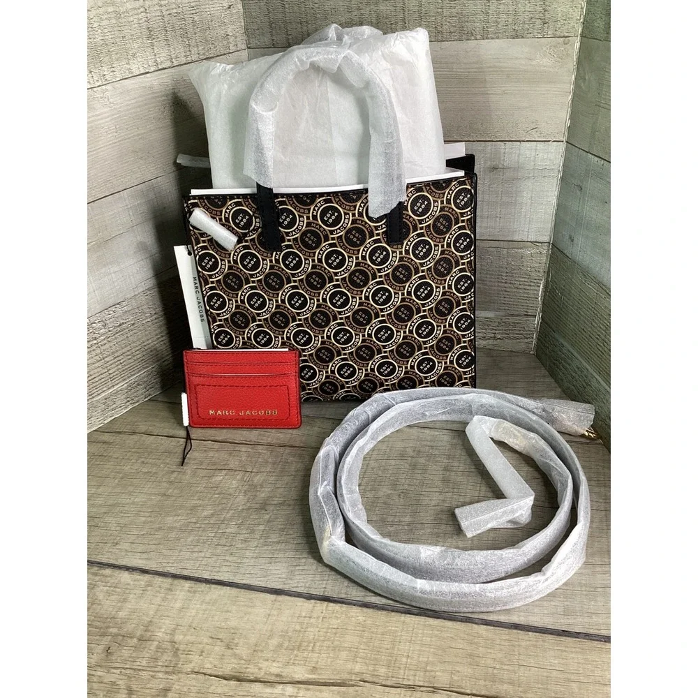 Marc Jacobs Monogram Mini Tote Bag Black Multi H003M12FA22-002 with Card Case